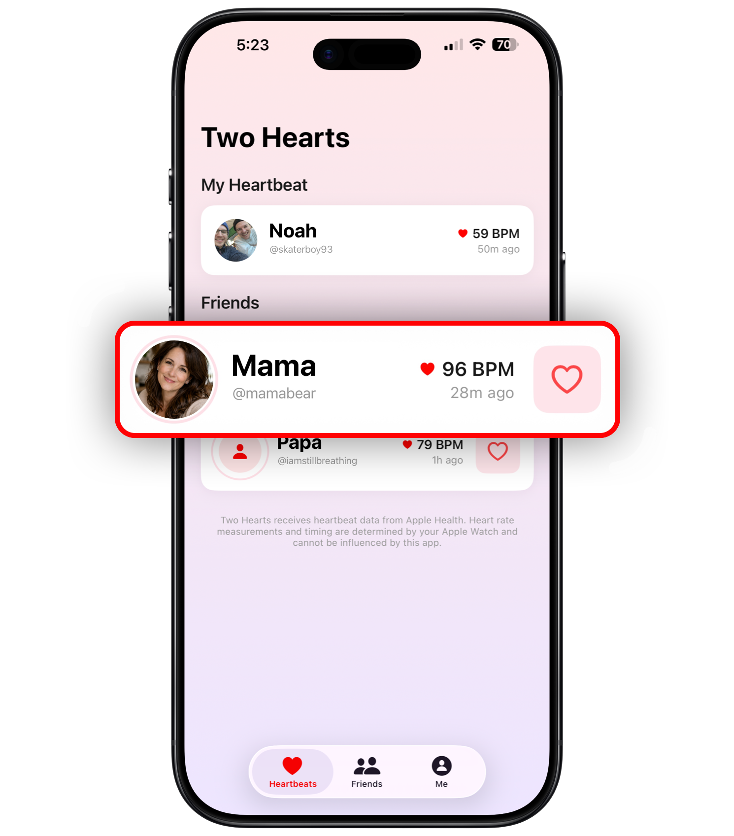 Two Hearts home screen showing friends' heartbeats